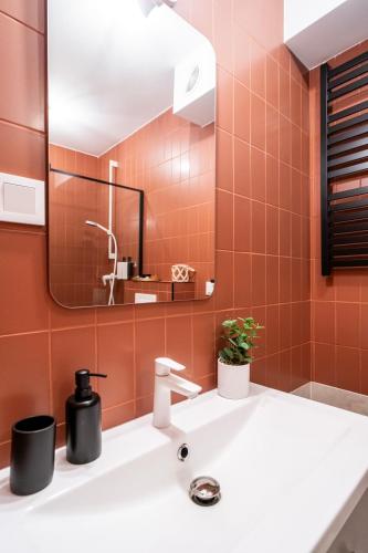 a bathroom with a sink and a mirror at Apartamenty Zana by Apart Concept Podhale in Kościelisko