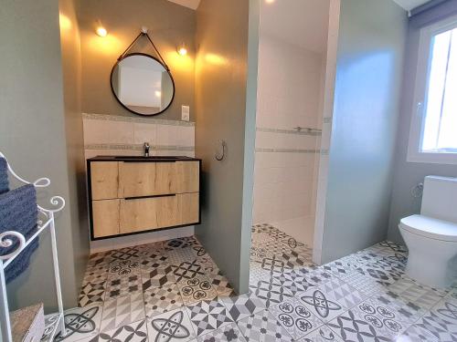 La salle de bains est pourvue d'un lavabo, de toilettes et d'un miroir. dans l'établissement Gîte Coursaint-Pierre, à Paulhiac