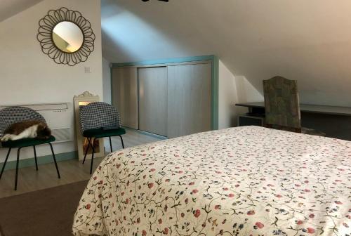 歐塞爾的住宿－Chambre double avec salle de bain privative，一间卧室配有一张床、两把椅子和镜子