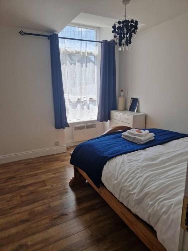 a bedroom with a bed and a window with blue curtains at Beautiful 1-Bed Apartment in Cork in Cork
