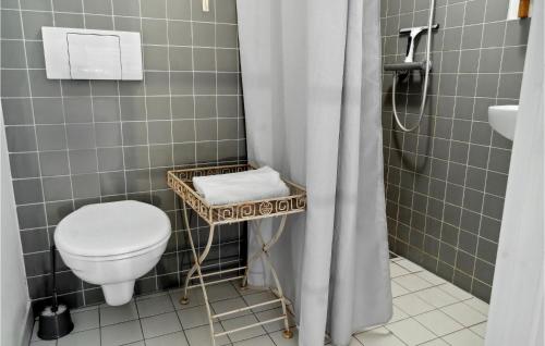 uma casa de banho com um WC e uma cortina de chuveiro em Amazing Home In Askeby With Sauna em Askeby