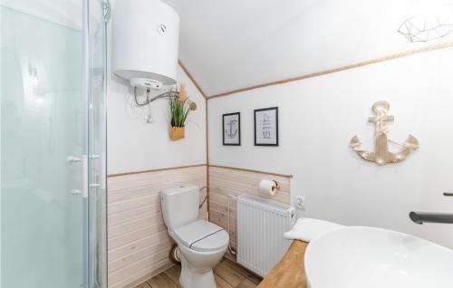 a bathroom with a toilet and a shower and a sink at Cozy Home In Grzybowo With Kitchen in Grzybowo