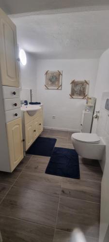 a bathroom with a white toilet and a sink at Karima Ferienhaus in Longkamp