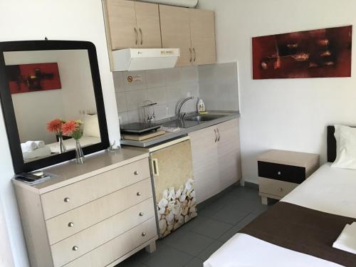 eine kleine Küche mit einem Waschbecken und einem Spiegel in der Unterkunft Studios Meliton in Porto Koufo