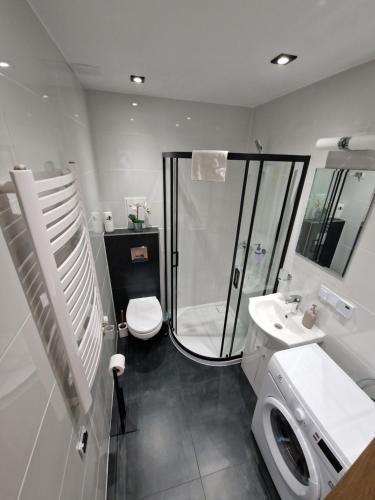 ein Bad mit einer Dusche, einem WC und einem Waschbecken in der Unterkunft YourSecondFlat Sobieski Apartment in Dębica