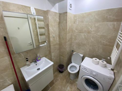 een badkamer met een wastafel, een toilet en een spiegel bij Relax Apartment Militari Residence Sector 6 in Roşu