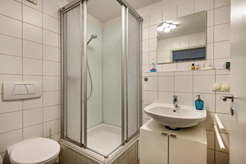 een badkamer met een douche, een toilet en een wastafel bij Wohnung 5 Galeriewohnung in Stockelsdorf