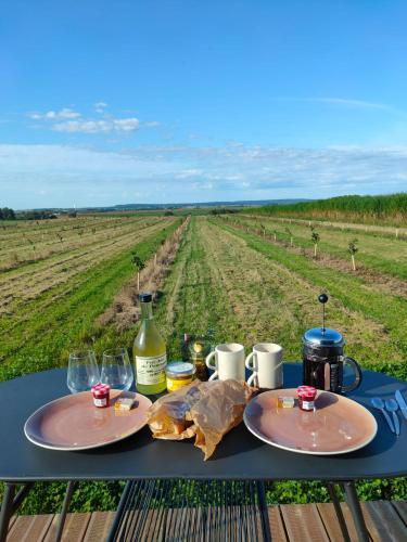 Una mesa con dos platos de comida y un campo. en La Tiny House de l'Ouchette, en Brégy
