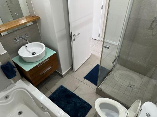 a bathroom with a sink and a shower and a toilet at Point Beach #Accommodation - Durban Beach & Waterfront Canals EPIC VIEWS in Durban