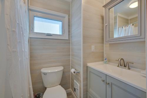 a bathroom with a toilet and a sink and a mirror at Charming Hampton Home with Porch, Walk to Beach! in Hampton
