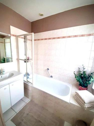 une salle de bain avec une baignoire blanche et un lavabo dans l'établissement Tours - Grand appartement - centre ville parking gratuit, à Tours