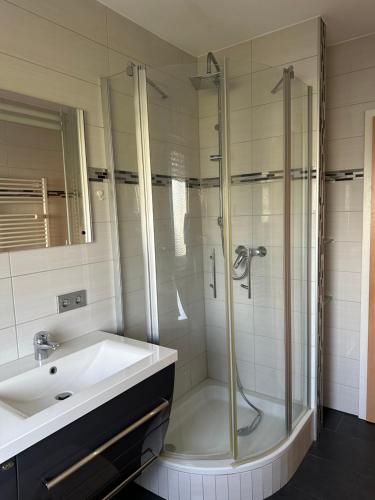a bathroom with a glass shower and a sink at Diamanthaus deluxe 7 Koblenz in Koblenz