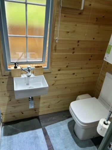 a bathroom with a white sink and a toilet at Heron Leap in Knaresborough