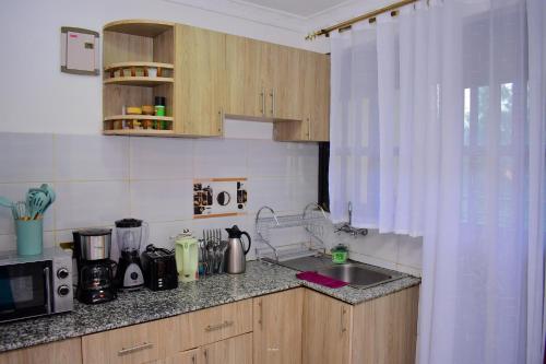 cocina con fregadero y microondas en Bomani Penthouse, en Kisumu