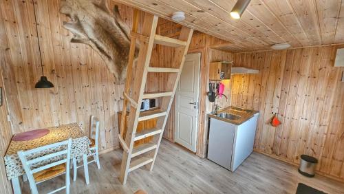 uma cabina de madeira com uma escada numa cozinha com um lavatório em Fjâllnäs Camping & Lodges em Ã–stra Malmagen