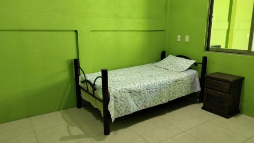 a green bedroom with a bed and a night stand at Casa la flor de loto in Juchitán de Zaragoza