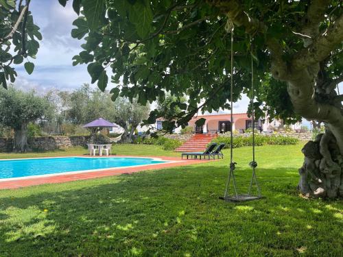 un columpio en un patio junto a una piscina en Casa de Campo, Quinta do Funchal, en Arraiolos