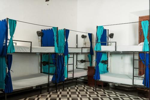 3 Etagenbetten in einem Zimmer mit blauen Vorhängen in der Unterkunft Hostal Azul in Granada