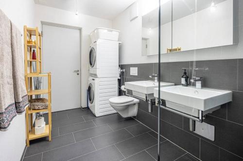 a bathroom with a sink and a toilet at 10min zu den Bergbahnen Tiefgarage & Wifi inkl. Bergsicht & Ruhe 