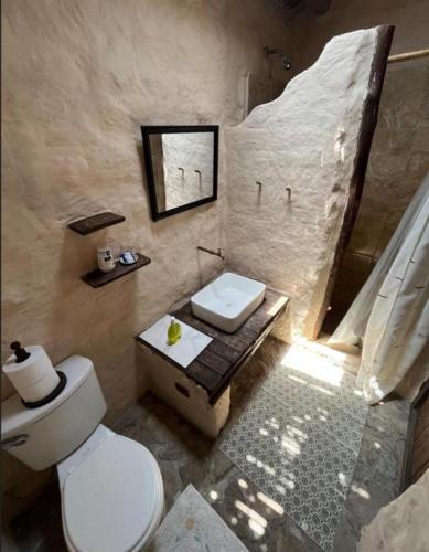 a bathroom with a white toilet and a sink at Darenas Hacienda in Aucallama