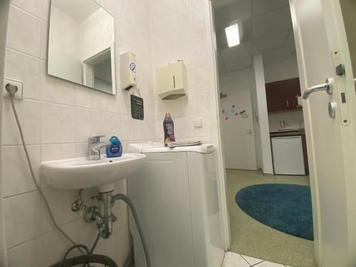 a white bathroom with a sink and a mirror at Apartment Leipzig Zentrum mit Tiefgarage in Leipzig