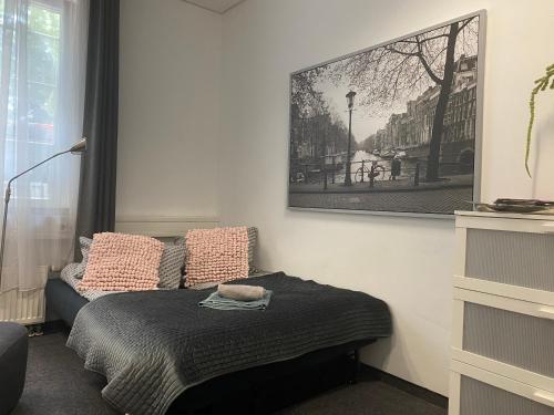 een slaapkamer met een bed met roze kussens en een foto bij Apartment Leipzig Zentrum mit Tiefgarage in Leipzig