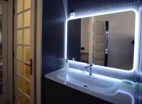 La salle de bains est pourvue d'un lavabo et d'un miroir. dans l'établissement Chambres d'hôtes Vue sur la Muraille de Sens, à Sens