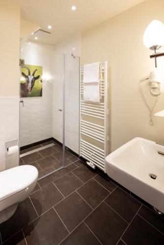 a bathroom with a sink and a toilet and a tub at Schloss Hertefeld & Hertefeldhof in Weeze