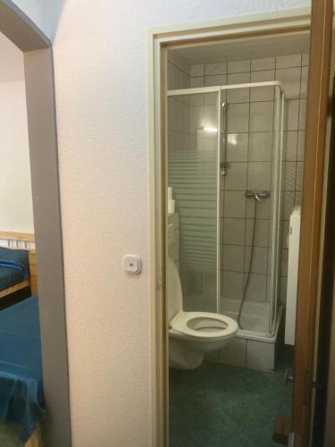 a bathroom with a toilet and a glass shower at Immensee in Ronshausen