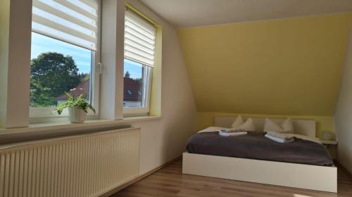 a bedroom with a bed and a window at Ferienwohnungen Hexenstieg & Wurmbergblick in Schierke