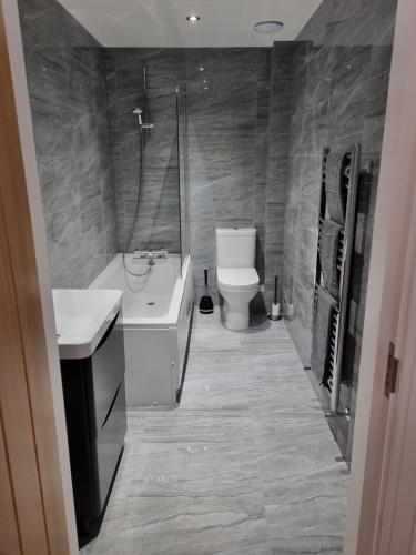 ein Bad mit einem WC, einem Waschbecken und einer Dusche in der Unterkunft 13 Cambrian Court in Penmaen-mawr