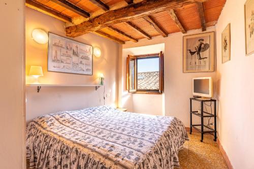Schlafzimmer mit einem Bett, einem Fenster und einem TV in der Unterkunft Casa vacanze Val d'orcia in Campiglia dʼOrcia