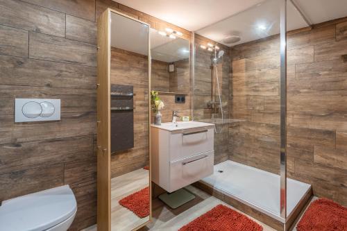 uma casa de banho com um chuveiro, um WC e um lavatório. em Appartement chaleureux, massif des Aravis em Entremont