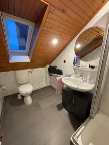 カロリーネンジールにあるCarolinensiel/Harlesielのバスルーム(トイレ、洗面台付)、窓が備わります。