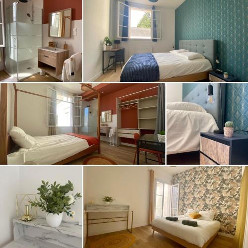 un collage de photos d'une chambre d'hôtel dans l'établissement Élégance & Confort au Cœur de Cholet !, à Cholet