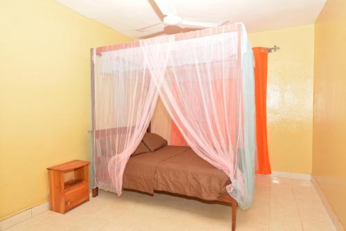 Bett mit Moskitonetz in einem Zimmer in der Unterkunft Résidence Les 6 Roses in Porto-Novo