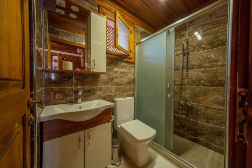 y baño con aseo, lavabo y ducha. en Cesmeli Konak Corner en Safranbolu