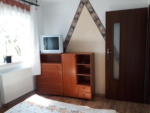 a room with a dresser with a tv and a mirror at Pod Piramidą in Ługniany