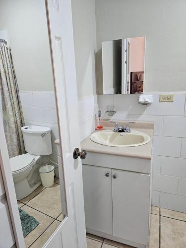 uma casa de banho com um lavatório, um WC e um espelho. em Jardín de la Nonna #1 em San Pedro Sula