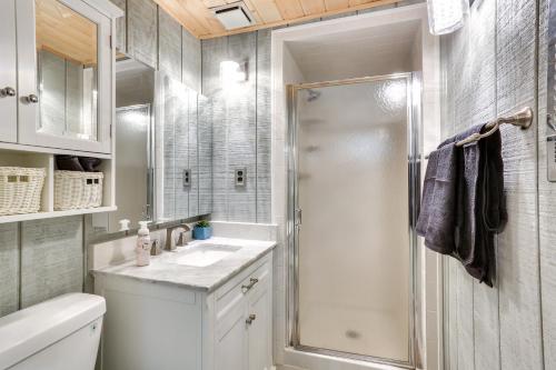 a bathroom with a shower and a sink at Kingston Cabin Rental Walk to Lake Texoma Beaches in Shay