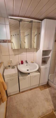 a bathroom with a sink and a mirror at Bungalow 54 N 11,45 E in Insel Poel