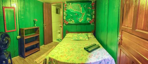 um pequeno quarto verde com uma cama e uma porta em Quarto do Madruga na Ilha do Mel