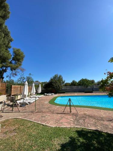 a swimming pool with chairs and umbrellas next to it at Villa Entrenaranjos in Picassent
