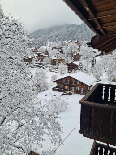 a view from a balcony of a snow covered village at Traditional chalet in Wengen - Top Floor in Wengen