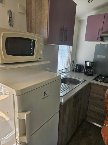 a small kitchen with a microwave and a sink at Mobil-home climatisé (proximité EUROPA PARC) in Boofzheim