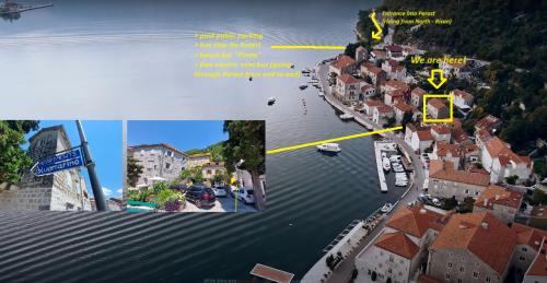 a collage of photos of a city and a map at Bluemarine Rooms & Apartments in Perast
