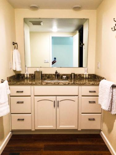 a bathroom with a sink and a large mirror at Fireweed House in Fairbanks