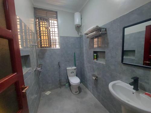 a bathroom with a toilet and a sink and a mirror at Precious Bahai nest 1BDR wifi Netflix in Kampala