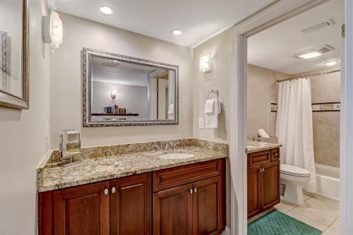 a bathroom with a sink and a toilet and a mirror at 291 Sandcastles in Amelia Island