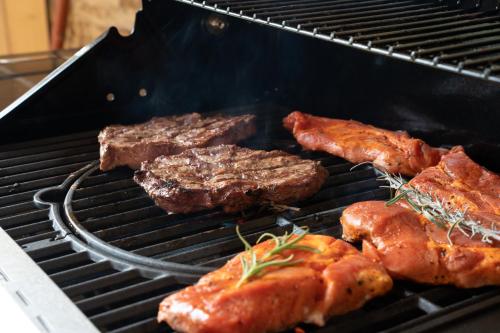 a group of steak and other food on a grill at Zámeček Waldsteinovo Zátiší in Svatoslav